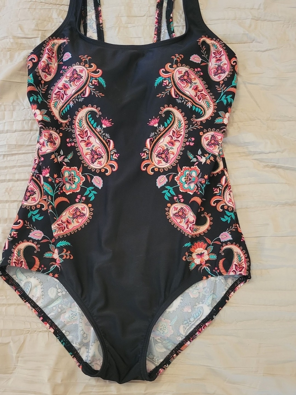 Lands' End Black One-Piece Swimsuit with Pink and Teal Paisley